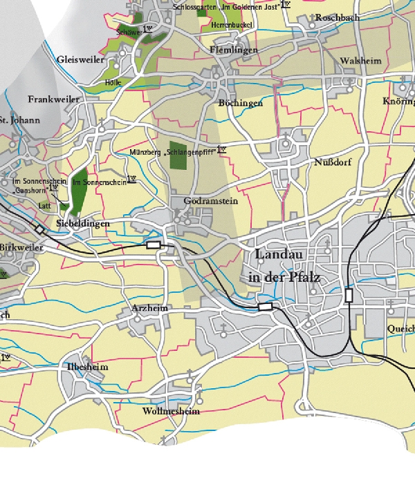 Die Abbildung zeigt den Ort godramstein und seine Umgebung mit ihren Ersten Lagen. Ausschnitt aus dem Weinatlas Deutschland. Stand 2009.
