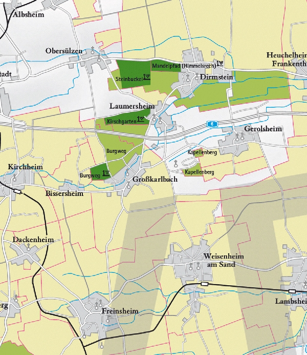 Die Abbildung zeigt den Ort grosskarlbach und seine Umgebung mit ihren Ersten Lagen. Ausschnitt aus dem Weinatlas Deutschland. Stand 2009.
