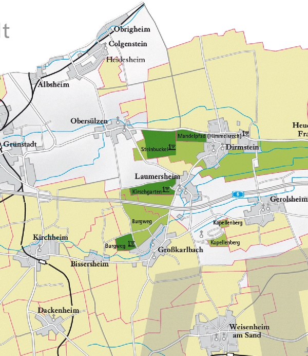 Die Abbildung zeigt den Ort Laumersheim und seine Umgebung mit ihren Ersten Lagen. Ausschnitt aus dem Weinatlas Deutschland. Stand 2009.
