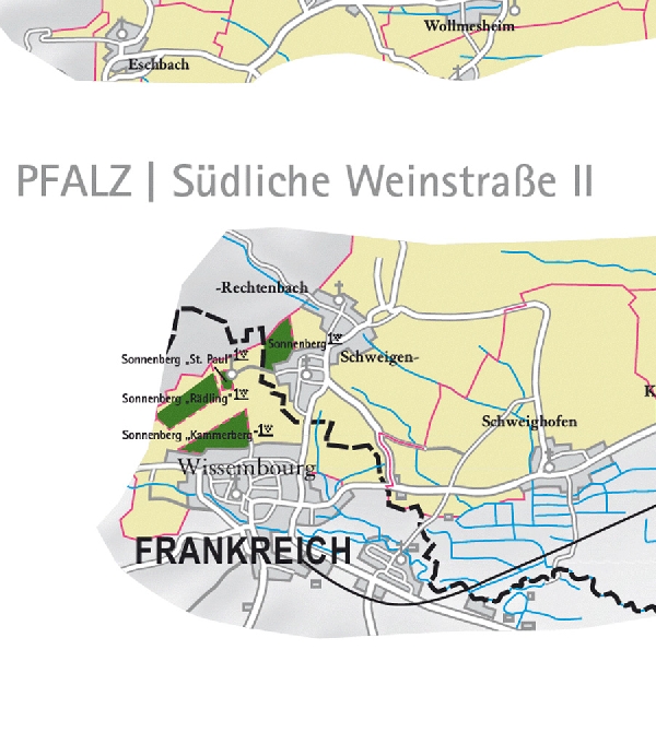 Die Abbildung zeigt den Ort Schweigen und seine Umgebung mit ihren Ersten Lagen. Ausschnitt aus dem Weinatlas Deutschland. Stand 2009.
