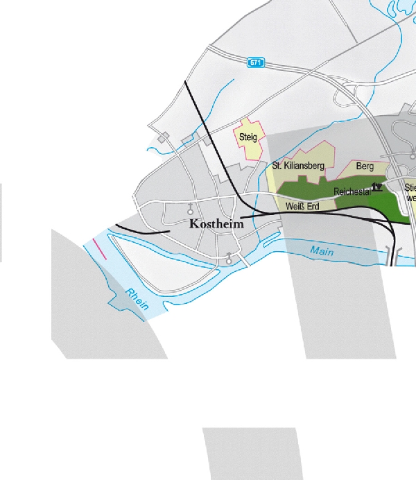 Die Abbildung zeigt den Ort kostheim und seine Umgebung mit ihren Ersten Lagen. Ausschnitt aus dem Weinatlas Deutschland. Stand 2009.
