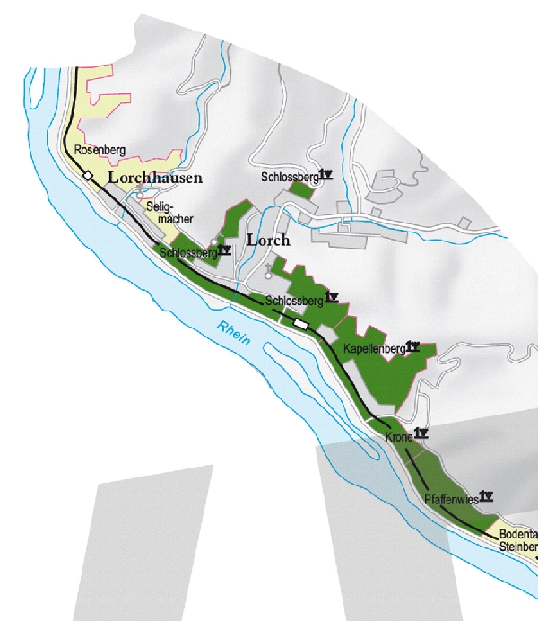 Die Abbildung zeigt den Ort Lorch und seine Umgebung mit ihren Ersten Lagen. Ausschnitt aus dem Weinatlas Deutschland. Stand 2009.
