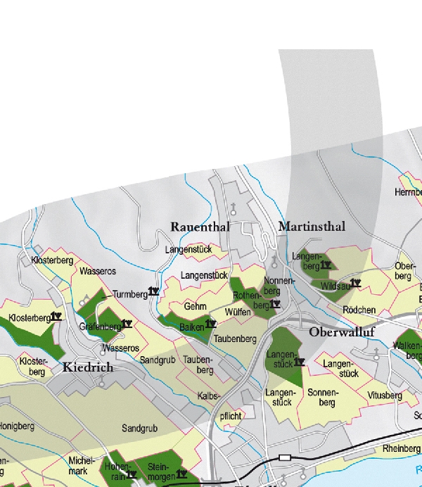 Die Abbildung zeigt den Ort rauenthal und seine Umgebung mit ihren Ersten Lagen. Ausschnitt aus dem Weinatlas Deutschland. Stand 2009.
