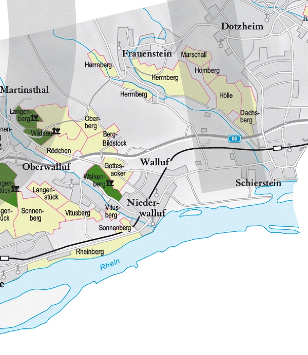 Die Abbildung zeigt den Ort Walluf und seine Umgebung mit ihren Ersten Lagen. Ausschnitt aus dem Weinatlas Deutschland. Stand 2009.
