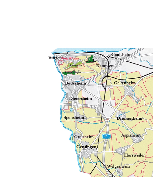 Die Abbildung zeigt den Ort bingen und seine Umgebung mit ihren Ersten Lagen. Ausschnitt aus dem Weinatlas Deutschland. Stand 2009.
