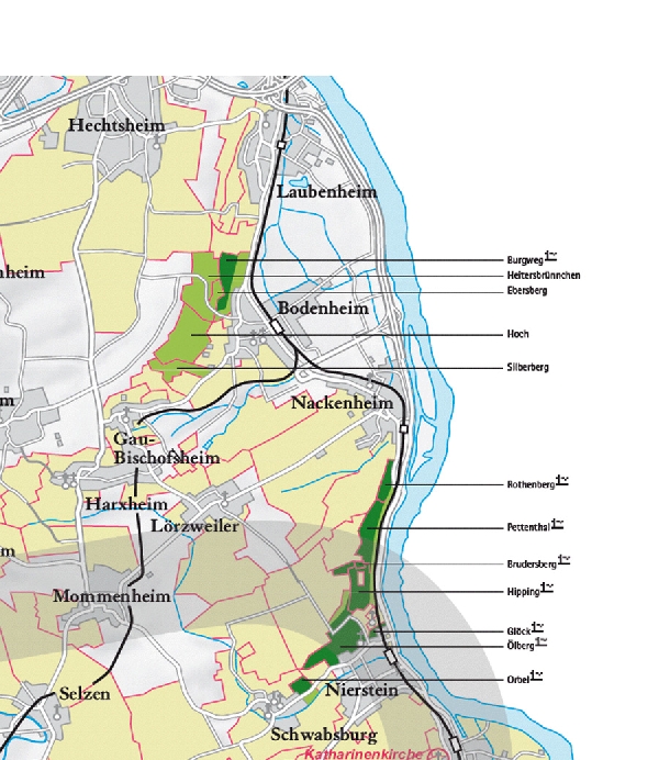 Die Abbildung zeigt den Ort bodenheim und seine Umgebung mit ihren Ersten Lagen. Ausschnitt aus dem Weinatlas Deutschland. Stand 2009.
