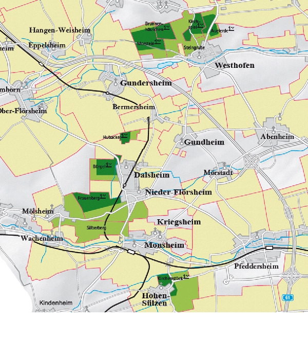 Die Abbildung zeigt den Ort dalsheim und seine Umgebung mit ihren Ersten Lagen. Ausschnitt aus dem Weinatlas Deutschland. Stand 2009.
