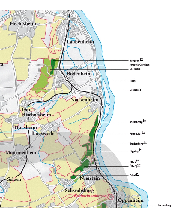 Die Abbildung zeigt den Ort nackenheim und seine Umgebung mit ihren Ersten Lagen. Ausschnitt aus dem Weinatlas Deutschland. Stand 2009.
