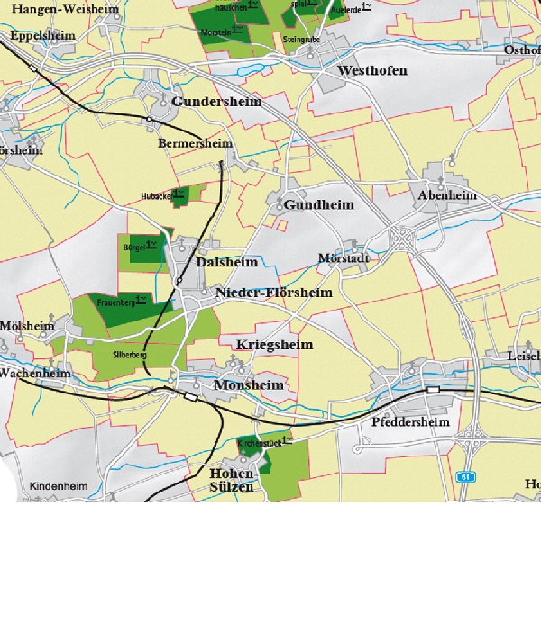 Die Abbildung zeigt den Ort nieder-flörsheim und seine Umgebung mit ihren Ersten Lagen. Ausschnitt aus dem Weinatlas Deutschland. Stand 2009.

