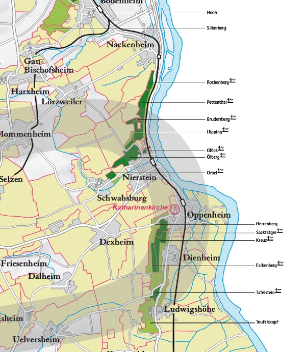 Die Abbildung zeigt den Ort Nierstein und seine Umgebung mit ihren Ersten Lagen. Ausschnitt aus dem Weinatlas Deutschland. Stand 2009.

