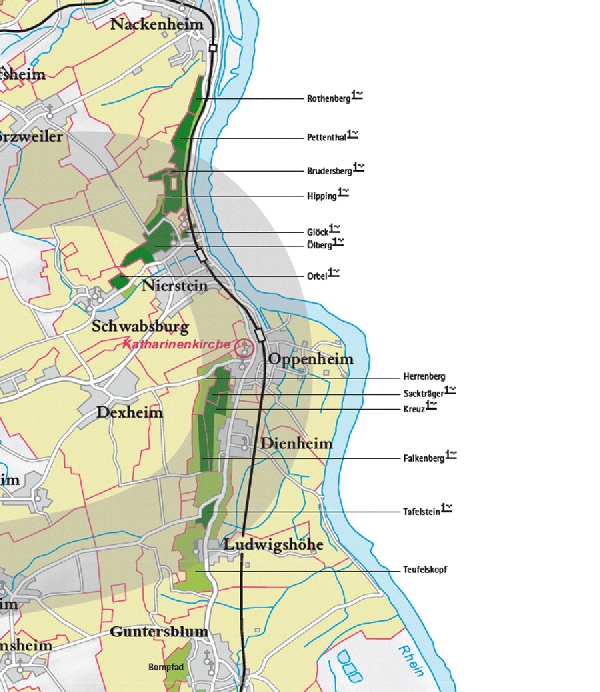 Die Abbildung zeigt den Ort Oppenheim und seine Umgebung mit ihren Ersten Lagen. Ausschnitt aus dem Weinatlas Deutschland. Stand 2009.
