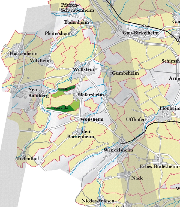 Die Abbildung zeigt den Ort siefersheim und seine Umgebung mit ihren Ersten Lagen. Ausschnitt aus dem Weinatlas Deutschland. Stand 2009.
