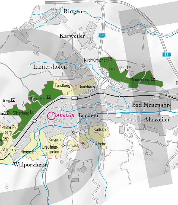 Die Abbildung zeigt den Ort Ahrweiler mit seinen Ersten Lagen. Ausschnitt aus dem Weinatlas Deutschland. Stand 2009.