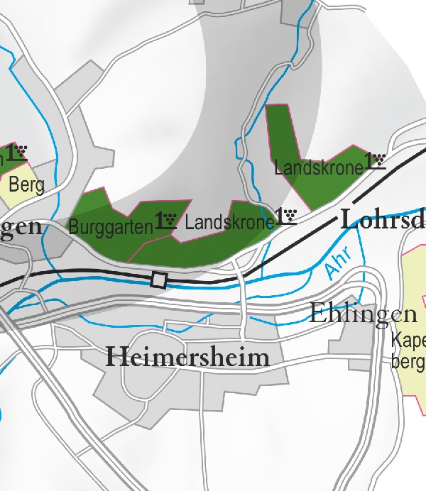 Die Abbildung zeigt den Ort heimersheim mit seinen Ersten Lagen. Ausschnitt aus dem Weinatlas Deutschland. Stand 2009.