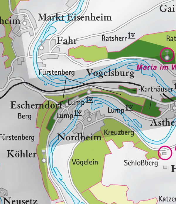 Die Abbildung zeigt den Ort escherndorf mit seinen Ersten Lagen. Ausschnitt aus dem Weinatlas Deutschland. Stand 2009.