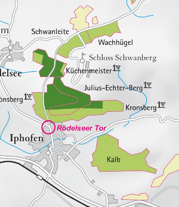 Die Abbildung zeigt den Ort iphofen mit seinen Ersten Lagen. Ausschnitt aus dem Weinatlas Deutschland. Stand 2009.