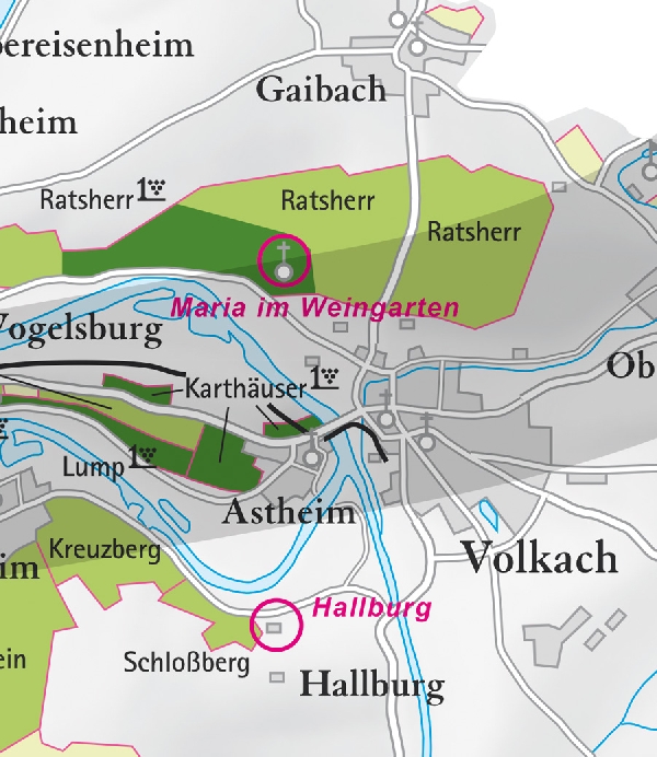 Die Abbildung zeigt den Ort volkach mit seinen Ersten Lagen. Ausschnitt aus dem Weinatlas Deutschland. Stand 2009.