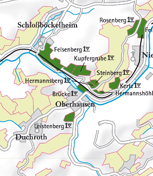 Die Abbildung zeigt den Ort Oberhausen mit seinen Ersten Lagen. Ausschnitt aus dem Weinatlas Deutschland. Stand 2009.