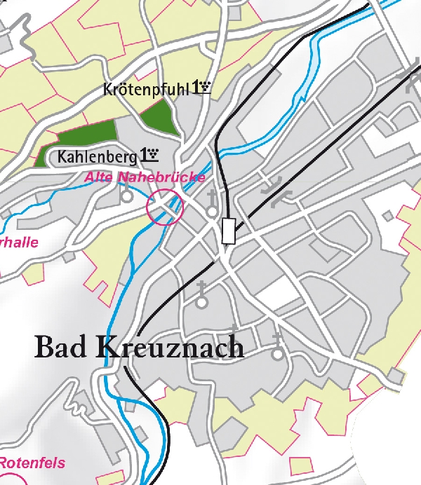 Die Abbildung zeigt den Ort bad kreuznach mit seinen Ersten Lagen. Ausschnitt aus dem Weinatlas Deutschland. Stand 2009.