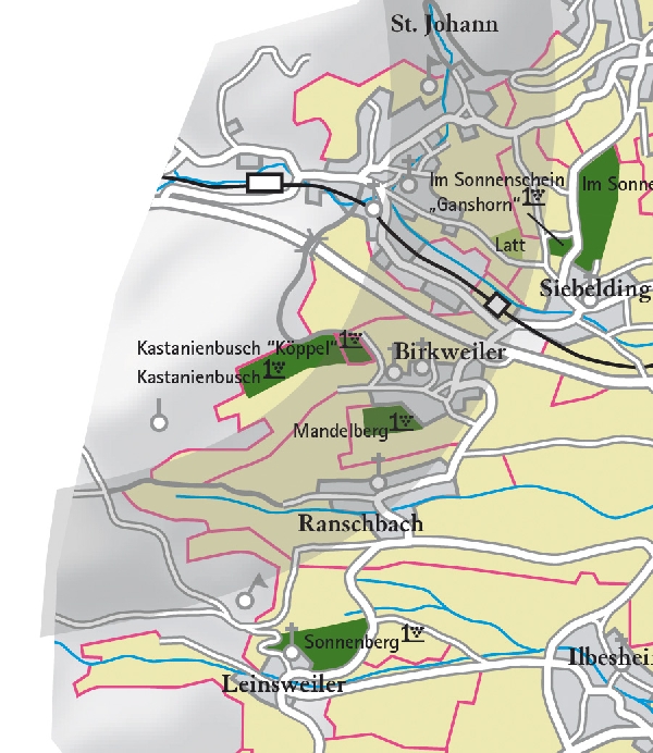 Die Abbildung zeigt den Ort birkweiler mit seinen Ersten Lagen. Ausschnitt aus dem Weinatlas Deutschland. Stand 2009.