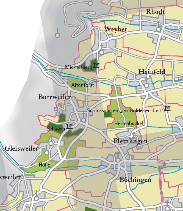 Die Abbildung zeigt den Ort burrweiler mit seinen Ersten Lagen. Ausschnitt aus dem Weinatlas Deutschland. Stand 2009.
