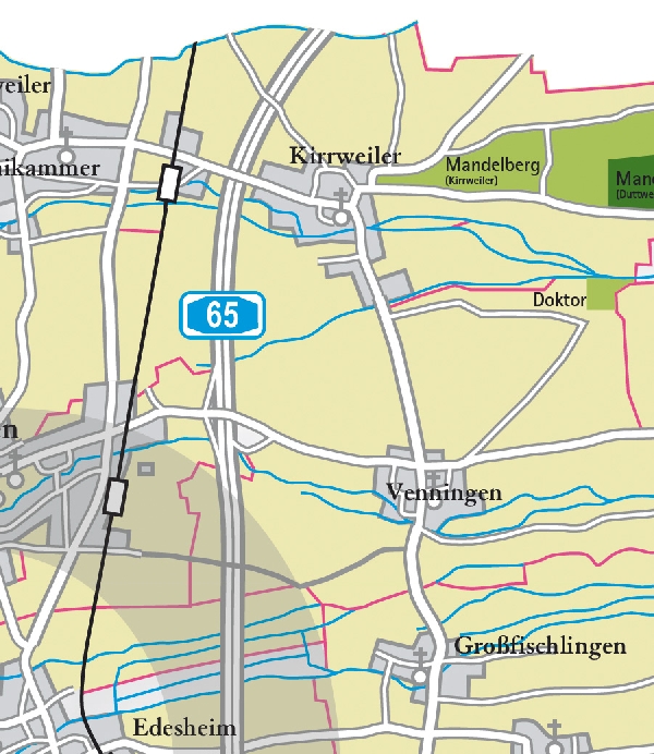 Die Abbildung zeigt den Ort Kirrweiler mit seinen Ersten Lagen. Ausschnitt aus dem Weinatlas Deutschland. Stand 2009.