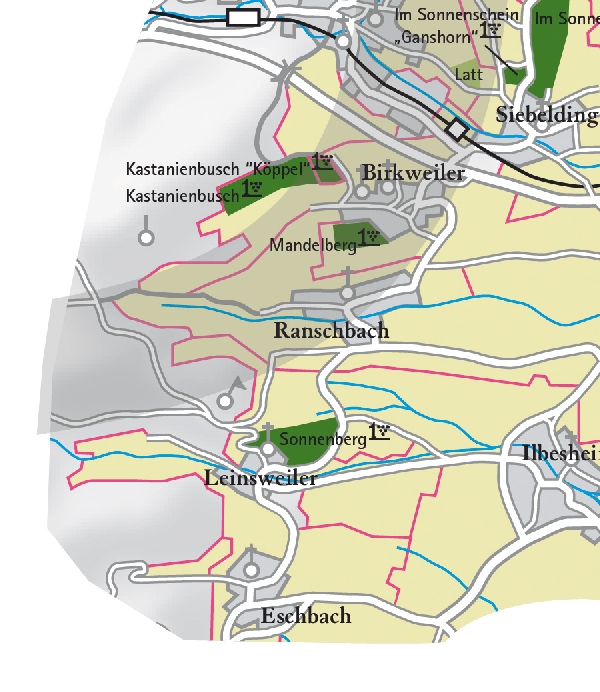 Die Abbildung zeigt den Ort leinsweiler mit seinen Ersten Lagen. Ausschnitt aus dem Weinatlas Deutschland. Stand 2009.