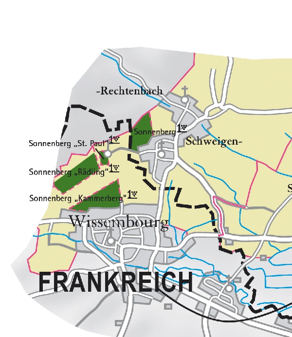 Die Abbildung zeigt den Ort schweigen mit seinen Ersten Lagen. Ausschnitt aus dem Weinatlas Deutschland. Stand 2009.