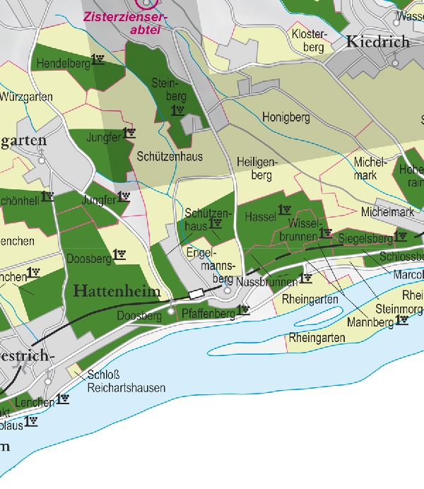Die Abbildung zeigt den Ort hattenheim mit seinen Ersten Lagen. Ausschnitt aus dem Weinatlas Deutschland. Stand 2009.