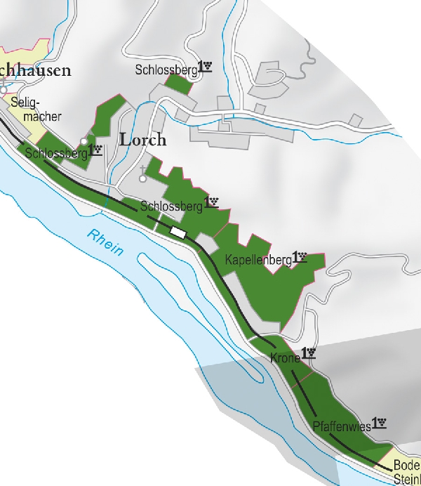 Die Abbildung zeigt den Ort lorch mit seinen Ersten Lagen. Ausschnitt aus dem Weinatlas Deutschland. Stand 2009.