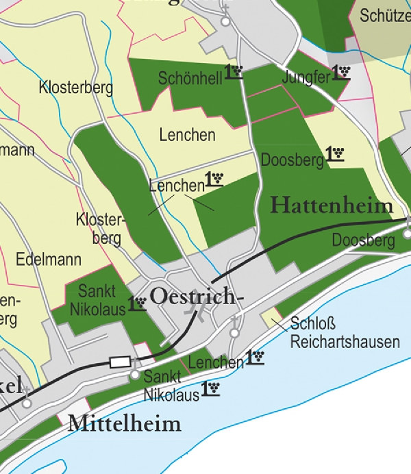 Die Abbildung zeigt den Ort oestrich mit seinen Ersten Lagen. Ausschnitt aus dem Weinatlas Deutschland. Stand 2009.