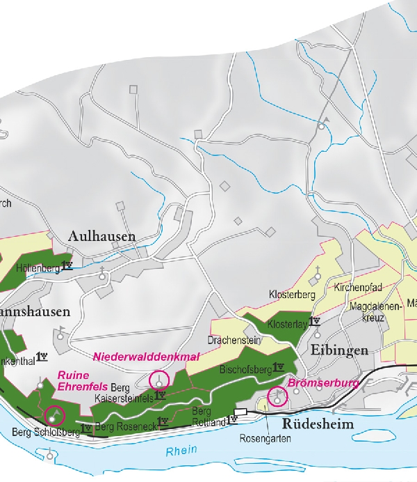 Die Abbildung zeigt den Ort ruedesheim mit seinen Ersten Lagen. Ausschnitt aus dem Weinatlas Deutschland. Stand 2009.