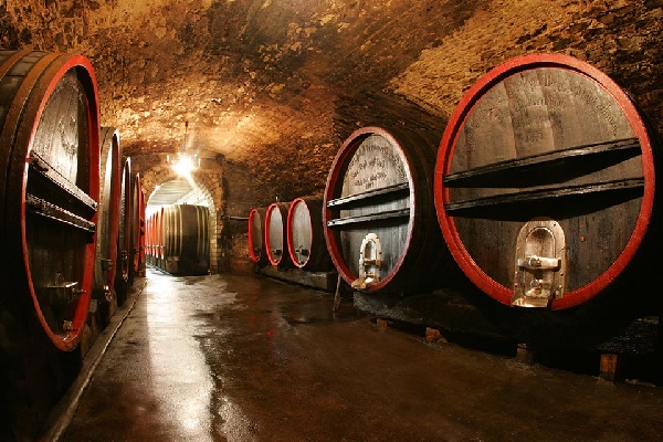 Das Foto zeigt einen Blick in den historischen Keller von Weingut Hans Wirsching.