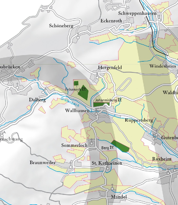 Die Abbildung zeigt den Ort wallhausen und seine Umgebung mit ihren Ersten Lagen. Ausschnitt aus dem Weinatlas Deutschland. Stand 2009.
