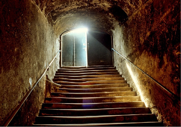 Das Foto zeigt die Treppe des Kellers von Schloss Johannisberg.