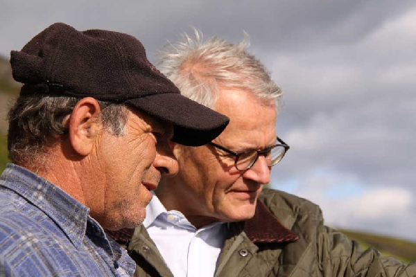 Das Foto zeigt Stefan Ress und Enzo Mancuso bei der Begutachtung eines Weinbergs im Rheingau.