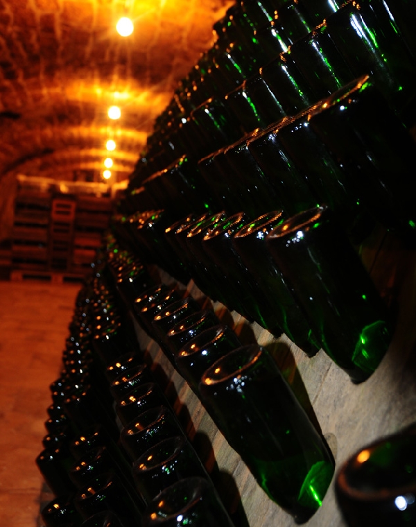 Das Foto zeigt das Sekt-Rüttelpult in der Kellerei des Weingut Zehntkeller in Iphofen, Franken.