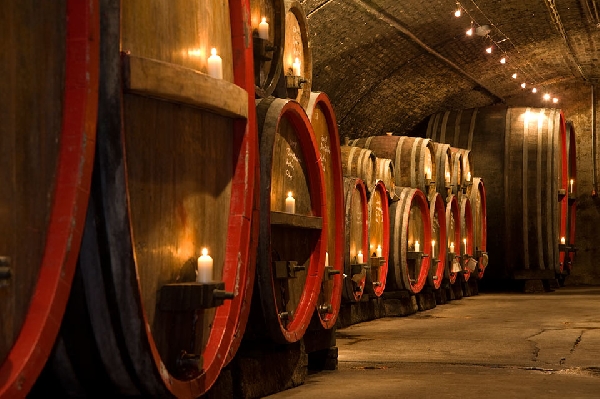 Das Foto zeigt den Holzfasskeller des Weinguts Schales im romantischen Kerzenlicht.